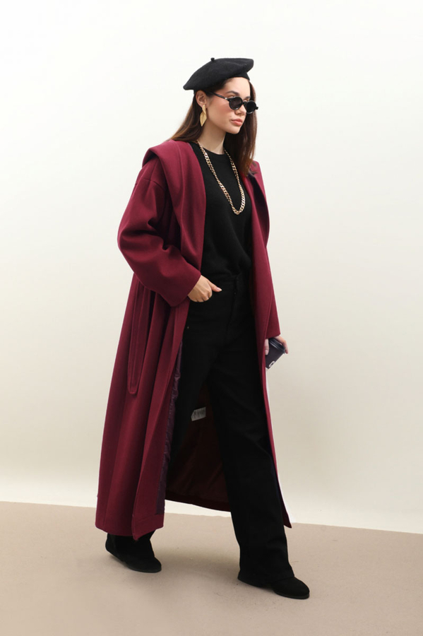 Kapüşonlu Şal Yaka Kaban Bordo - 2