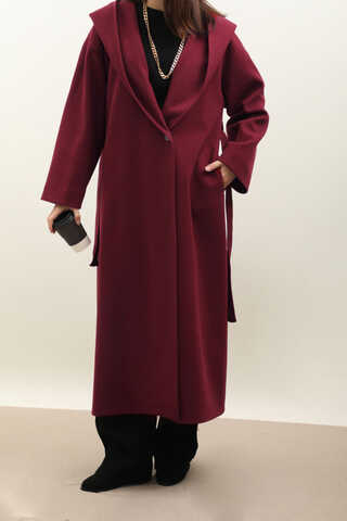 Kapüşonlu Şal Yaka Kaban Bordo - 3