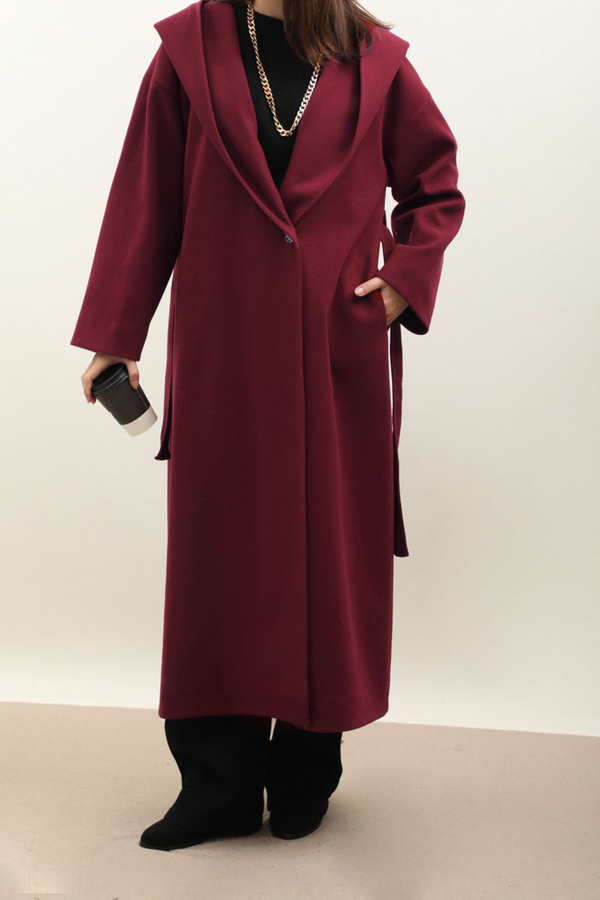 Kapüşonlu Şal Yaka Kaban Bordo - 3
