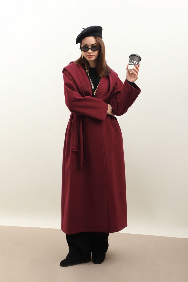 Kapüşonlu Şal Yaka Kaban Bordo - 4