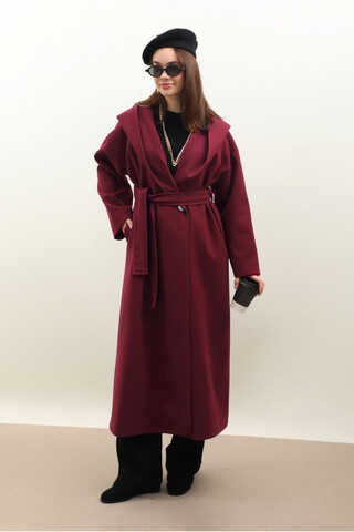 Kapüşonlu Şal Yaka Kaban Bordo - 5