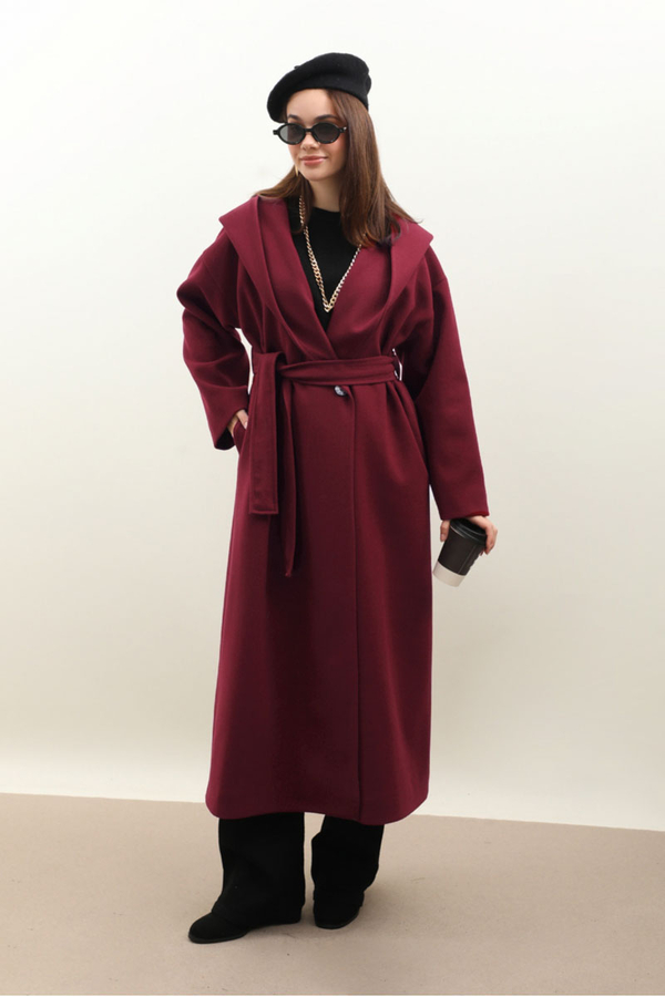 Kapüşonlu Şal Yaka Kaban Bordo - 5