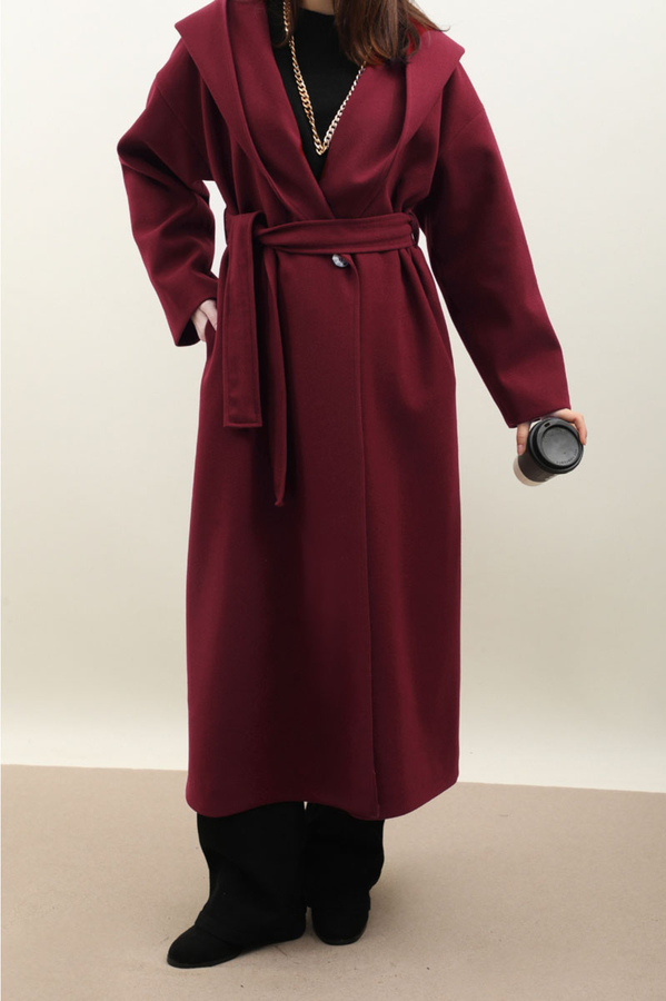 Kapüşonlu Şal Yaka Kaban Bordo - 6