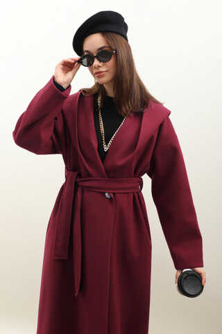 Kapüşonlu Şal Yaka Kaban Bordo - 7