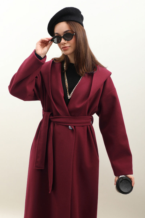 Kapüşonlu Şal Yaka Kaban Bordo - 7