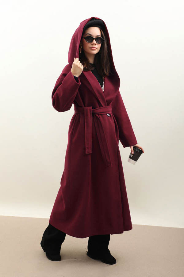 Kapüşonlu Şal Yaka Kaban Bordo - 8