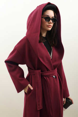 Kapüşonlu Şal Yaka Kaban Bordo - 9
