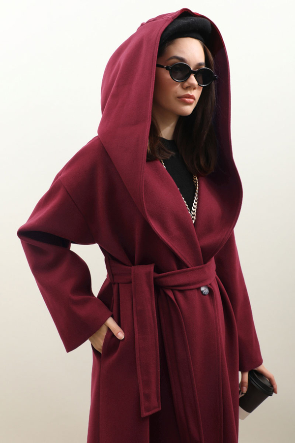 Kapüşonlu Şal Yaka Kaban Bordo - 9