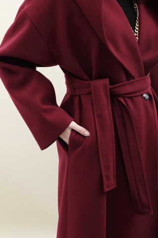 Kapüşonlu Şal Yaka Kaban Bordo - 10