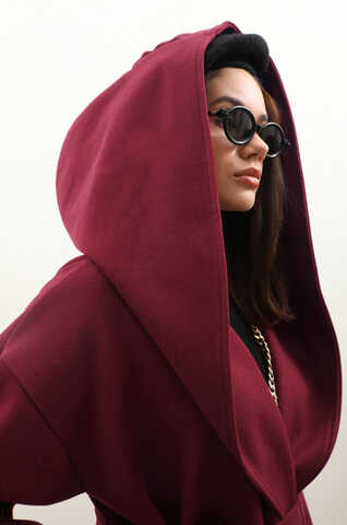Kapüşonlu Şal Yaka Kaban Bordo - 11