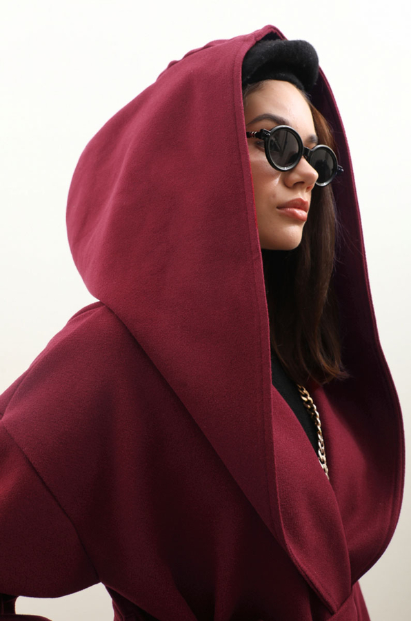 Kapüşonlu Şal Yaka Kaban Bordo - 11