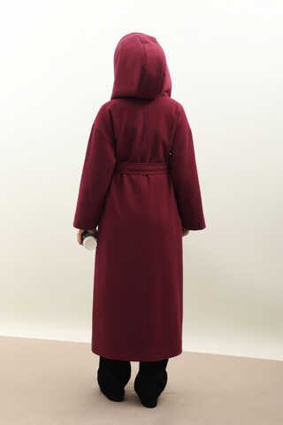 Kapüşonlu Şal Yaka Kaban Bordo - 12