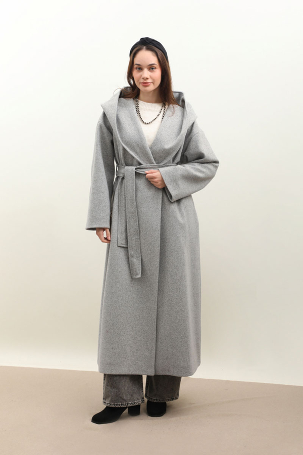 Kapüşonlu Şal Yaka Kaban Gri 