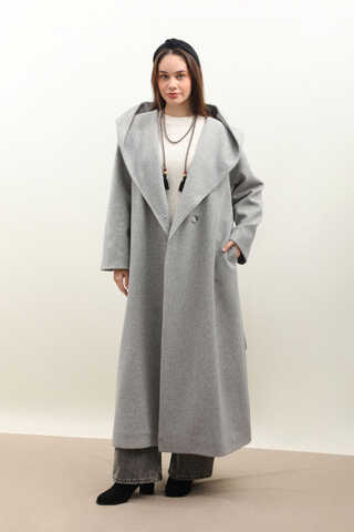 Kapüşonlu Şal Yaka Kaban Gri - 2