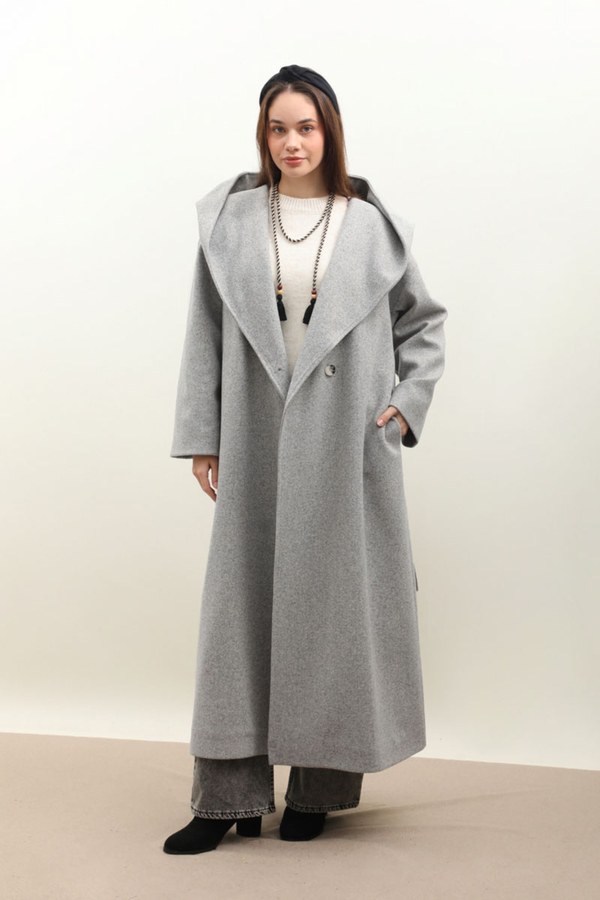 Kapüşonlu Şal Yaka Kaban Gri - 2