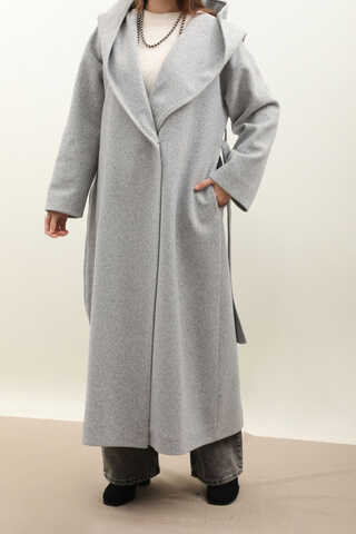 Kapüşonlu Şal Yaka Kaban Gri - 4