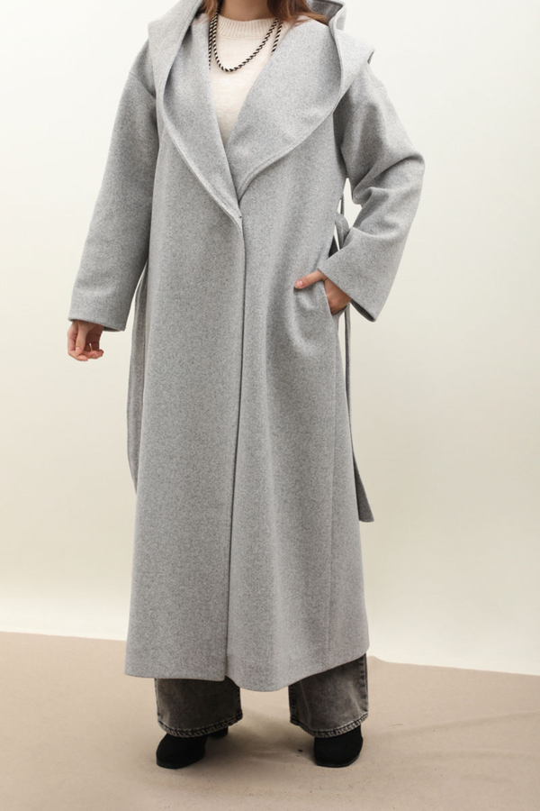 Kapüşonlu Şal Yaka Kaban Gri - 4