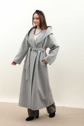 Kapüşonlu Şal Yaka Kaban Gri - 5
