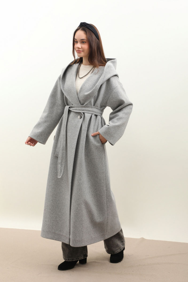 Kapüşonlu Şal Yaka Kaban Gri - 5