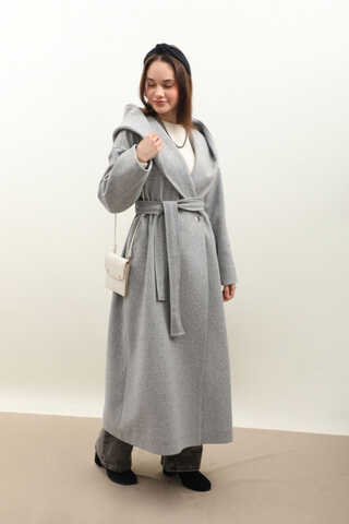 Kapüşonlu Şal Yaka Kaban Gri - 6