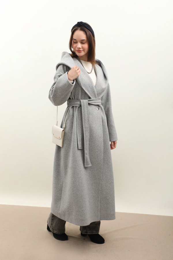 Kapüşonlu Şal Yaka Kaban Gri - 6