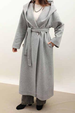 Kapüşonlu Şal Yaka Kaban Gri - 7