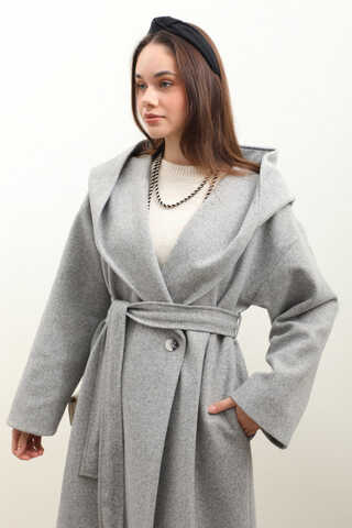 Kapüşonlu Şal Yaka Kaban Gri - 8