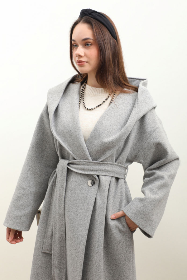 Kapüşonlu Şal Yaka Kaban Gri - 8