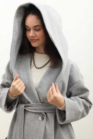 Kapüşonlu Şal Yaka Kaban Gri - 9