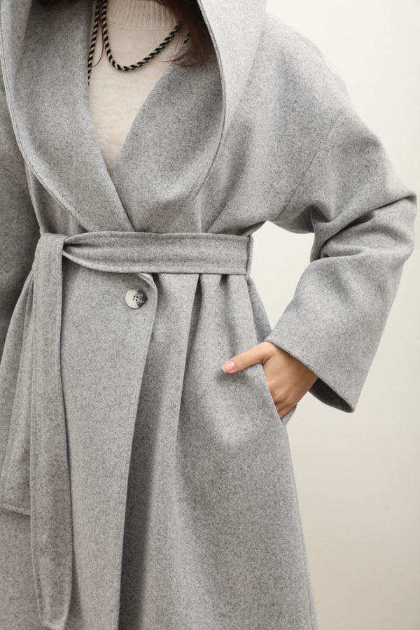 Kapüşonlu Şal Yaka Kaban Gri - 10