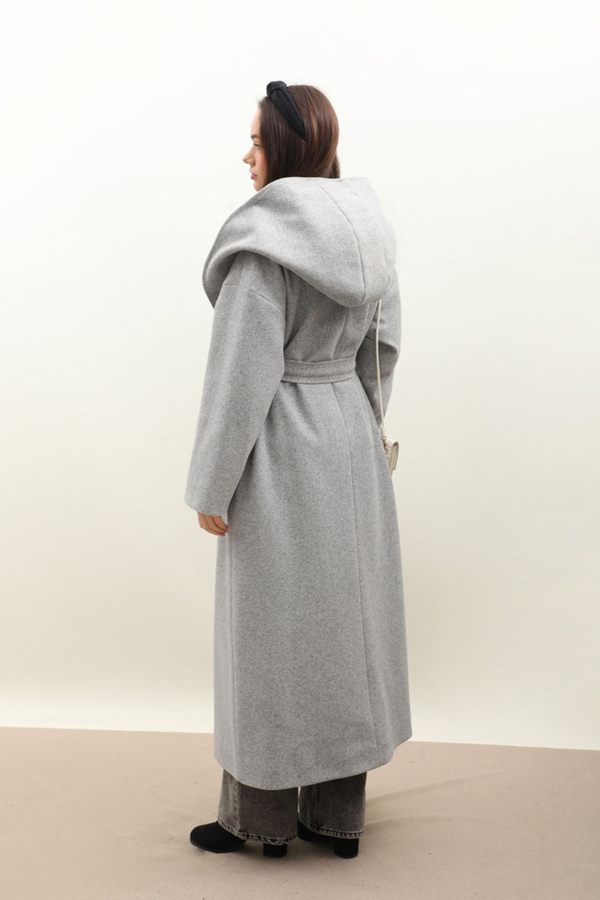 Kapüşonlu Şal Yaka Kaban Gri - 12