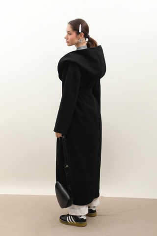 Kapüşonlu Şal Yaka Kaban Siyah - 2