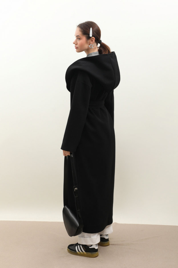 Kapüşonlu Şal Yaka Kaban Siyah - 2