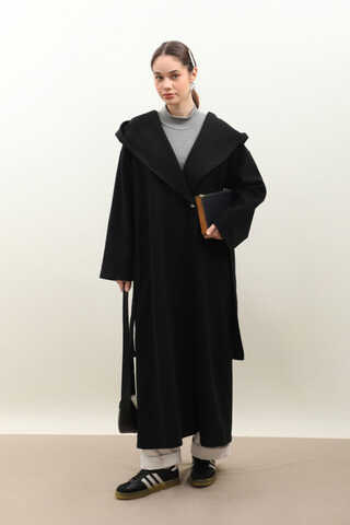Kapüşonlu Şal Yaka Kaban Siyah - 3