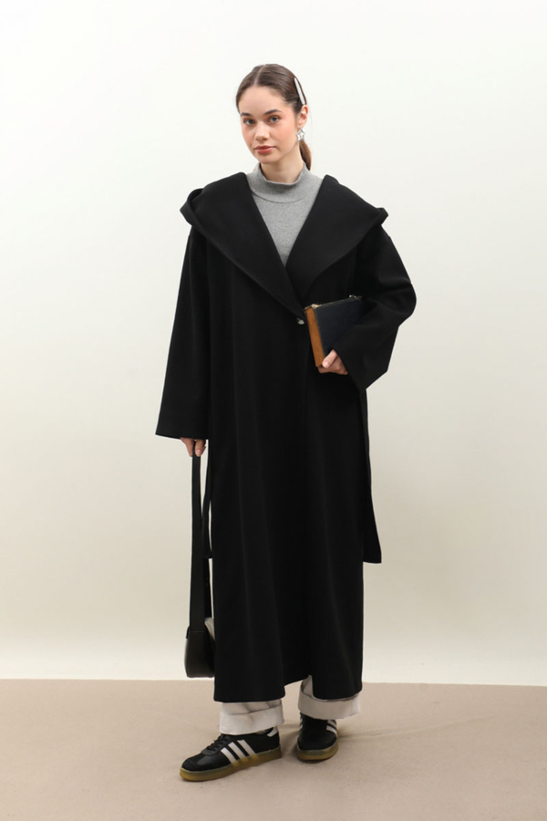 Kapüşonlu Şal Yaka Kaban Siyah - 3