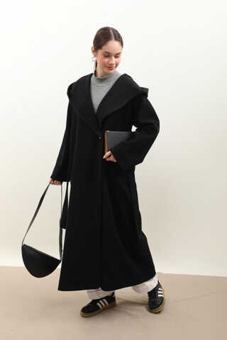 Kapüşonlu Şal Yaka Kaban Siyah - 4