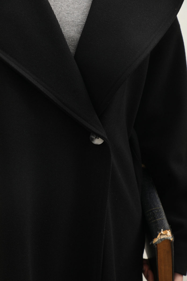 Kapüşonlu Şal Yaka Kaban Siyah - 5