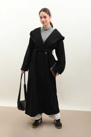 Kapüşonlu Şal Yaka Kaban Siyah - 6