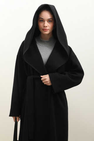 Kapüşonlu Şal Yaka Kaban Siyah - 1