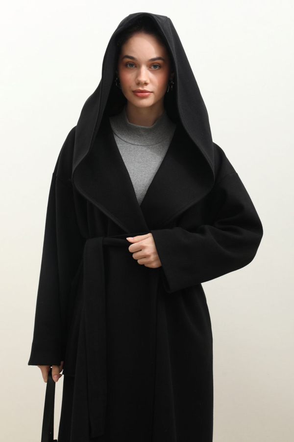 Kapüşonlu Şal Yaka Kaban Siyah - 1
