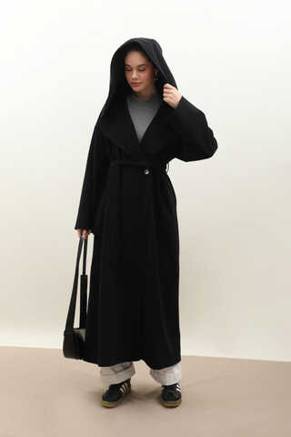 Kapüşonlu Şal Yaka Kaban Siyah - 7