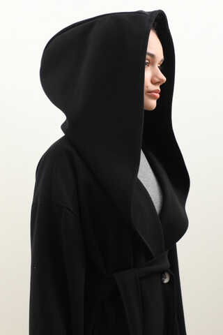 Kapüşonlu Şal Yaka Kaban Siyah - 8