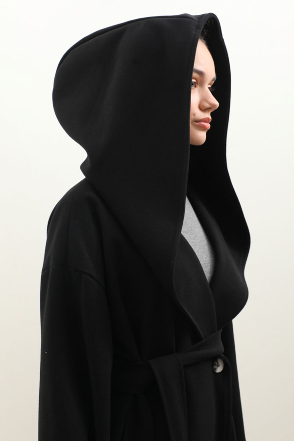 Kapüşonlu Şal Yaka Kaban Siyah - 8