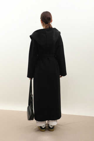 Kapüşonlu Şal Yaka Kaban Siyah - 9