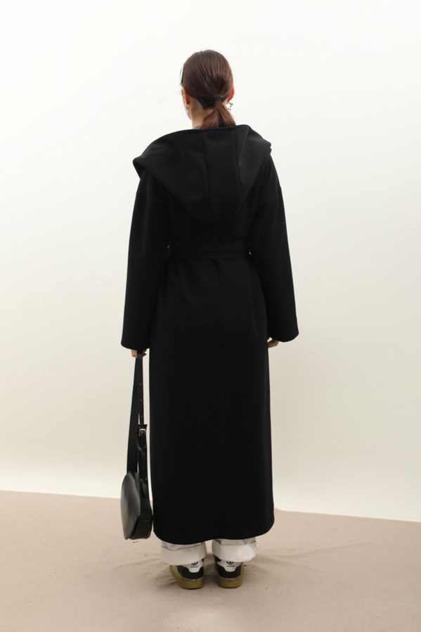 Kapüşonlu Şal Yaka Kaban Siyah - 9