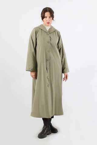 Kapüşonlu Uzun Trençkot Haki - 5