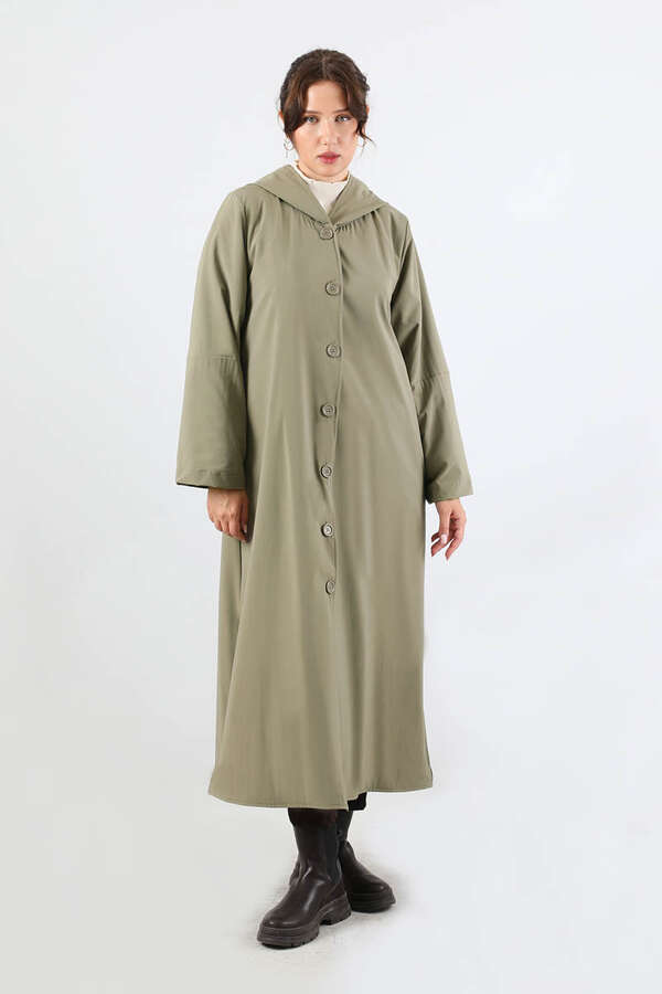 Kapüşonlu Uzun Trençkot Haki - 5
