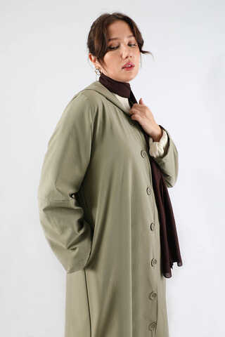 Kapüşonlu Uzun Trençkot Haki - 2