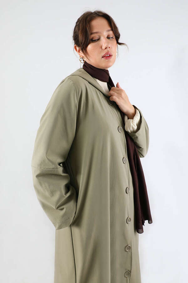 Kapüşonlu Uzun Trençkot Haki - 2