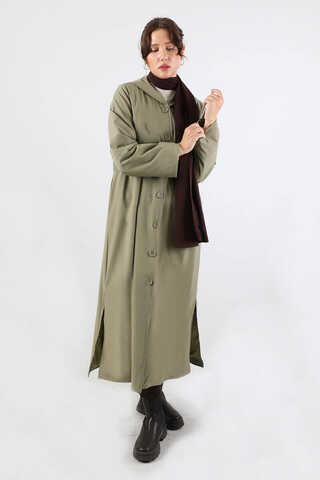 Kapüşonlu Uzun Trençkot Haki - 1